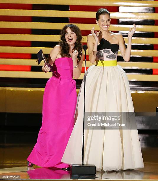 Zooey Deschanel and Allison Williams speak onstage during the 66th Annual Primetime Emmy Awards held at Nokia Theatre L.A. Live on August 25, 2014 in...