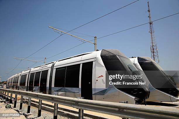 Dubai Trams sit on a track at the Al Sufouh depot on August 26, 2014 in Dubai, United Arab Emirates.The first phase of the Dubai Tram network is...