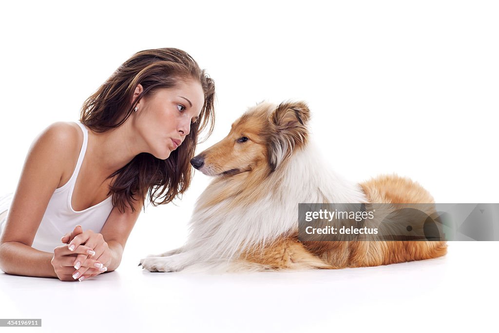 Young woman and dog Collie