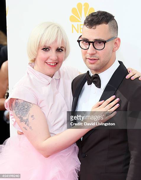 Actress Lena Dunham and musician Jack Antonoff attend the 66th Annual Primetime Emmy Awards at the Nokia Theatre L.A. Live on August 25, 2014 in Los...