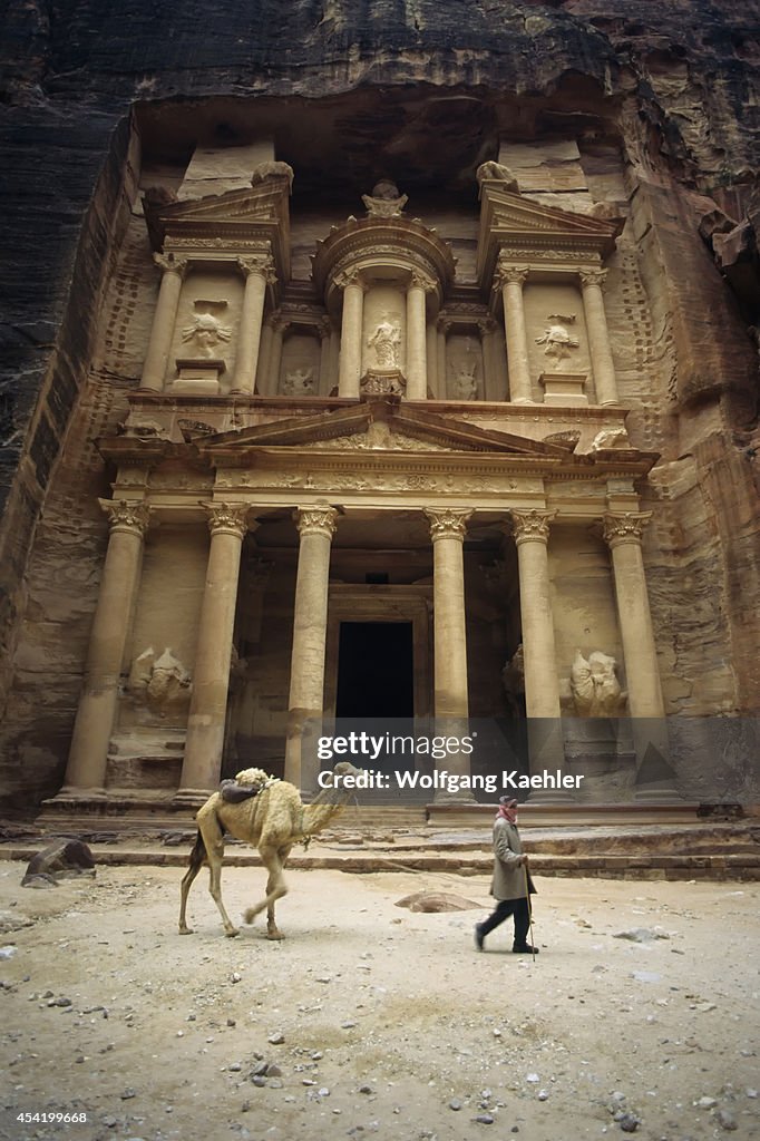 Jordan, Petra, Treasury, Local Man With Camel...