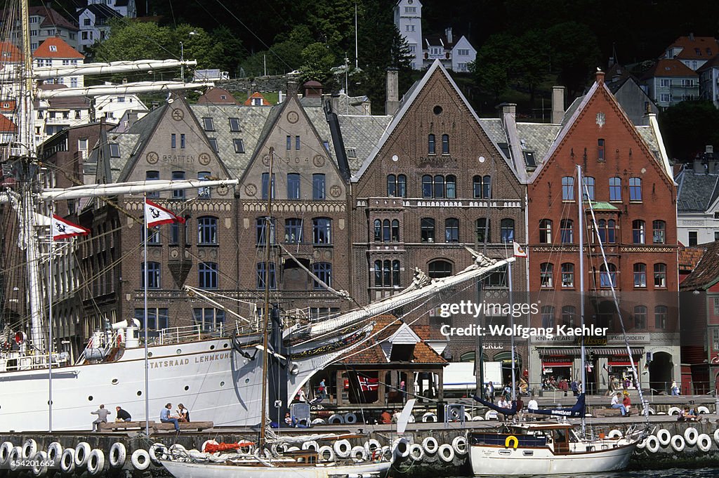 Norway, Bergen, View Of Bryggen District With Tall Ship,...