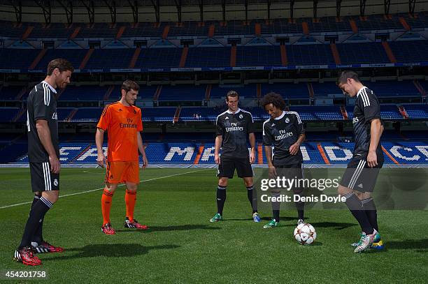 James Rodriguez, Xabi Alonso, Gareth Bale, Iker Casillas and Marcelo of Real Madrid during the Adidas launch of their new Real Madrid C.F. 3rd kit...