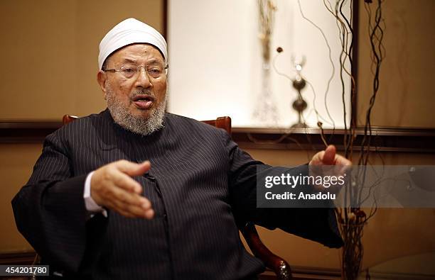 Chairman of the International Union of Muslim Scholars Sheikh Yusuf al-Qaradawi speaks to the press in Istanbul, Turkey on August 26, 2014....