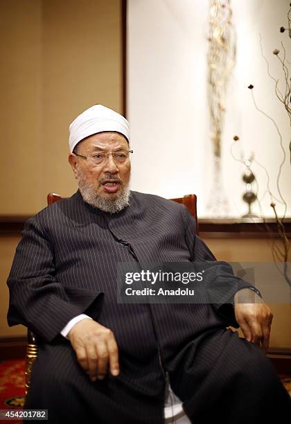 Chairman of the International Union of Muslim Scholars Sheikh Yusuf al-Qaradawi speaks to the press in Istanbul, Turkey on August 26, 2014....