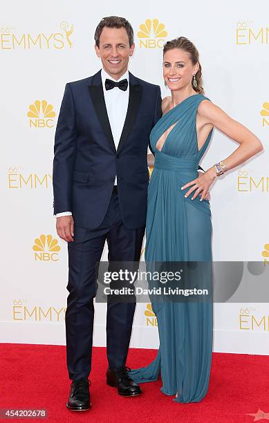Host Seth Meyers and wife Alexi Ashe attend the 66th Annual Primetime Emmy Awards at the Nokia Theatre L.A. Live on August 25, 2014 in Los Angeles,...