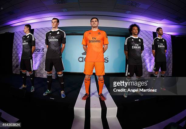 James Rodriguez, Gareth Bale, Iker Casillas, Xabi Alonso and Marcelo Vieira of Real Madrid during the Adidas 3rd kit launch at Estadio Santiago...