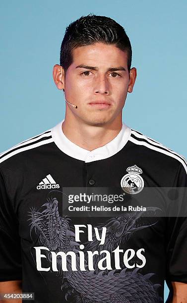 James Rodriguez of Real Madrid poses during the adidas 3rd kit launch at Estadio Santiago Bernabeu on August 26, 2014 in Madrid, Spain.
