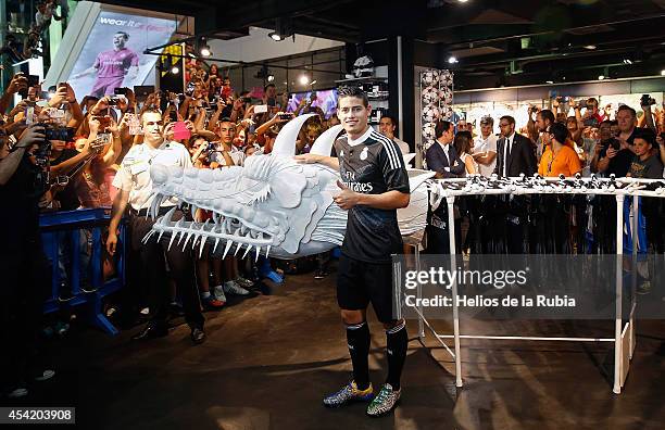 James Rodriguez of Real Madrid poses during the Adidas 3rd kit launch at Estadio Santiago Bernabeu on August 26, 2014 in Madrid, Spain.