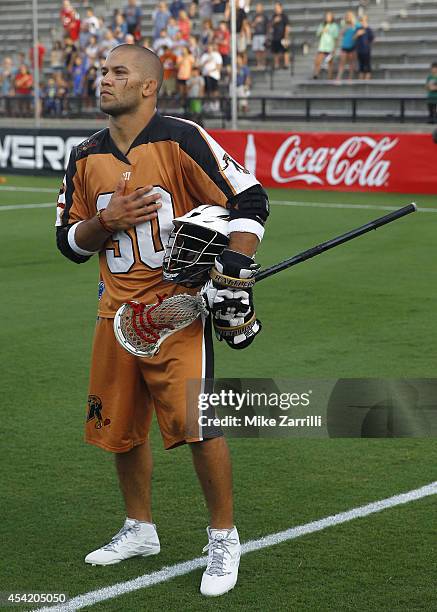 Midfielder John Ortolani of the Rochester Rattlers stands for the national anthem before the 2014 Major League Lacrosse Championship Game against the...