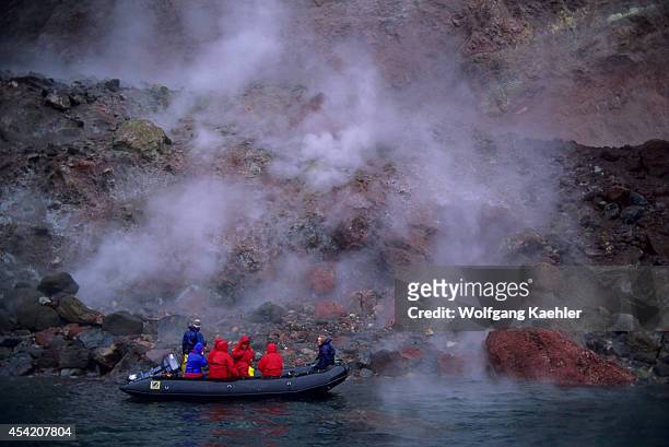 South Sandwich Islands, Bellingshausen Island, View Of Volcanic Fissures, Steaming, Tourists.