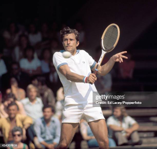 Jan Kodes of Czechoslovakia in action at Wimbledon on 3rd July 1973. Kodes, seeded second, defeated Alex Metreveli to win the Men's Singles final in...