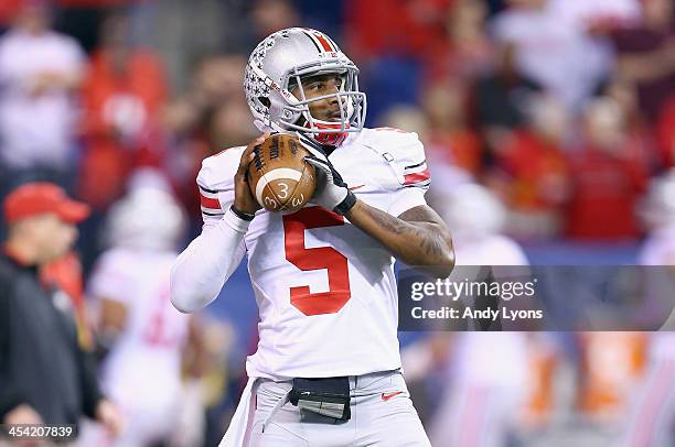 Braxton Miller of the Ohio State Buckeyes throws a pass before the Big Ten Championship against the Michigan State Spartans at Lucas Oil Stadium on...