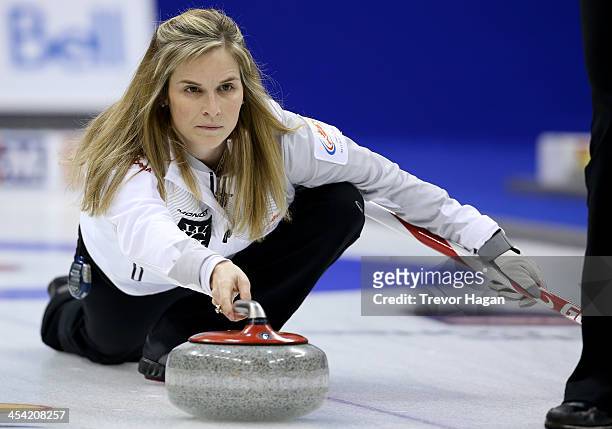 Skip Jennifer Jones throws a rock during the Women's Final against Team Middaugh at the Roar of the Rings Canadian Olympic Curling Trials on December...