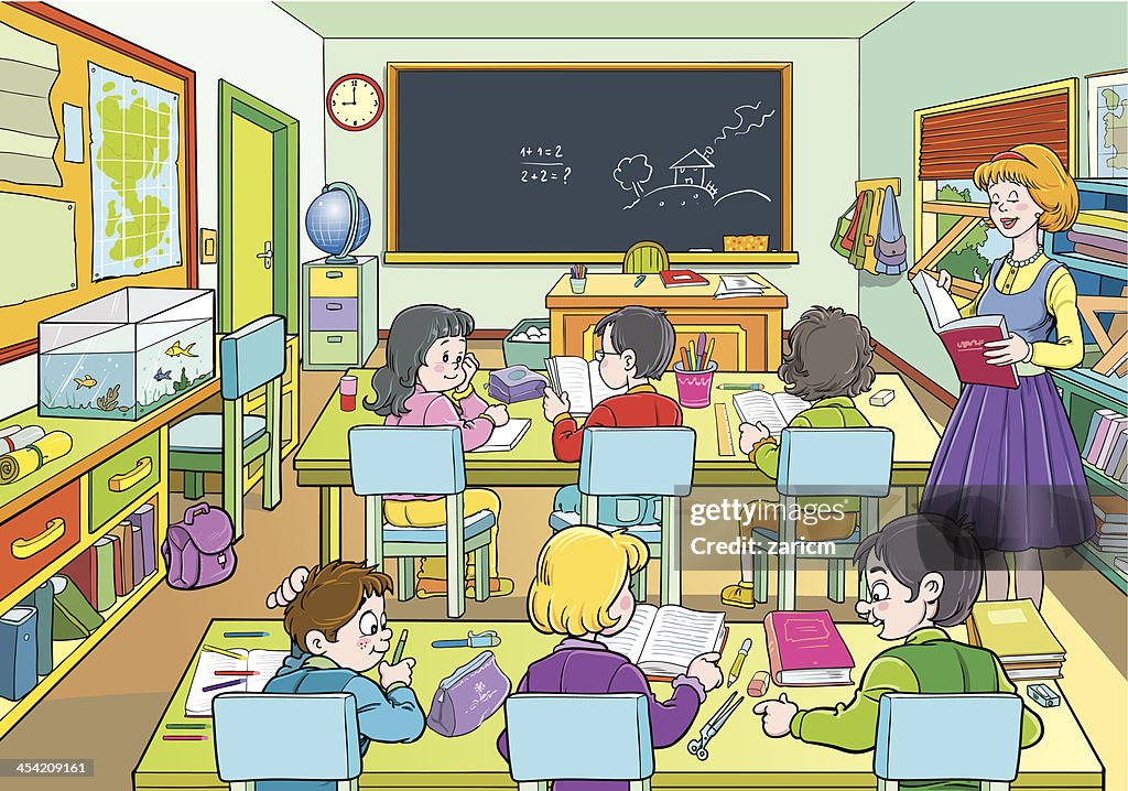 An Illustration Of A Cartoon Class Room With Six Pupils High-Res Vector  Graphic - Getty Images