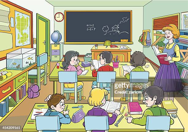 An Illustration Of A Cartoon Class Room With Six Pupils High-Res Vector  Graphic - Getty Images