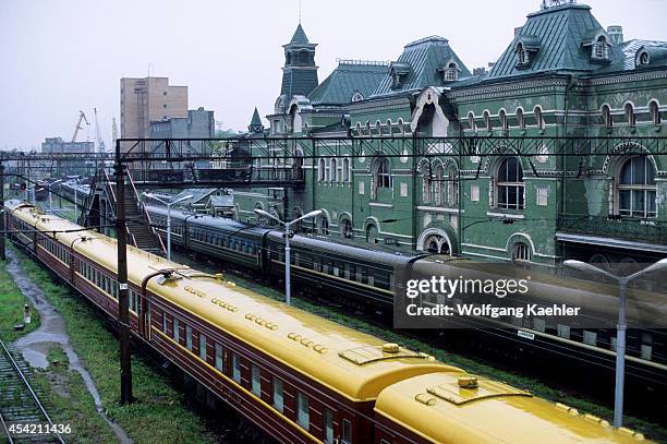 Russia, Vladivostok, Train In Train Station, End Of Transsiberian Railroad.