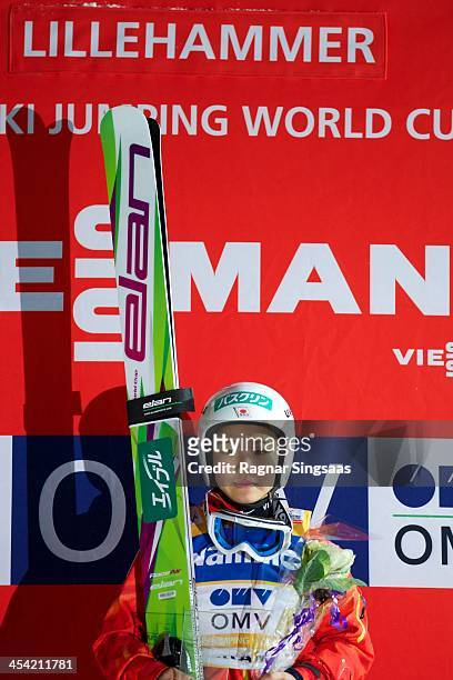 Sara Takanashi of Japan takes 1st place during the FIS Ski Jumping World Cup Women's HS100 on December 7, 2013 in Lillehammer, Norway.