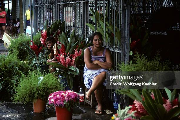 Tahiti, French Polynesia, Papeete, Flower Stand.