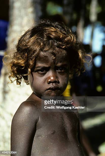 Solomon Islands, Rendova Lagoon, Lubaria Island, Native Child W/ Melanesian Trait--blonde Hair.