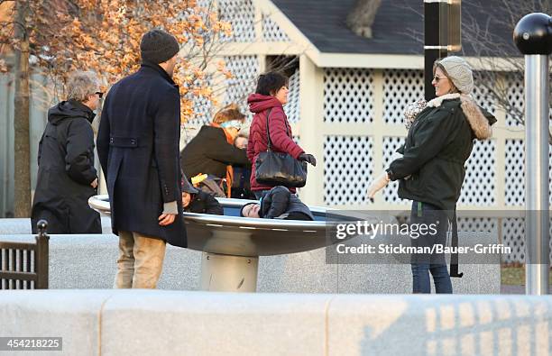 Gisele Bundchen and Tom Brady with children, Vivian Brady, John Moynahan and Benjamin Brady are seen on December 07, 2013 in Boston, Massachusetts.