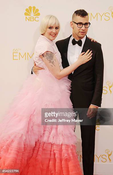 Actress Lena Dunham and Jack Antonoff arrive at the 66th Annual Primetime Emmy Awards at Nokia Theatre L.A. Live on August 25, 2014 in Los Angeles,...