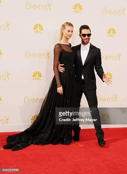 Singer Adam Levine and model Behati Prinsloo arrive at the 66th Annual Primetime Emmy Awards at Nokia Theatre L.A. Live on August 25, 2014 in Los...