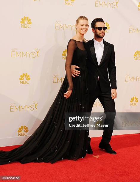 Singer Adam Levine and model Behati Prinsloo arrive at the 66th Annual Primetime Emmy Awards at Nokia Theatre L.A. Live on August 25, 2014 in Los...