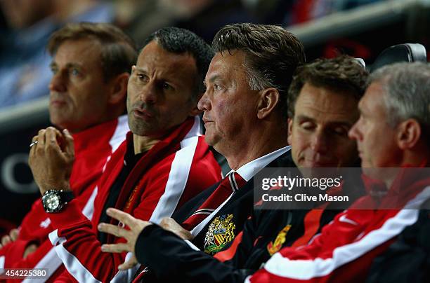 Manager Louis van Gaal of Manchester United looks on during the Capital One Cup second round match between MK Dons and Manchester United at Stadium...