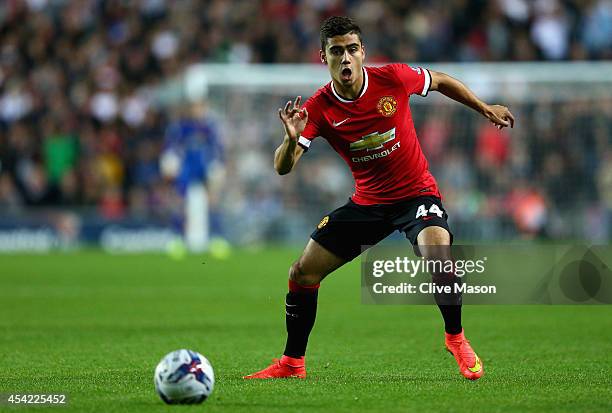 Andreas Pereira of Manchester United in action during the Capital One Cup second round match between MK Dons and Manchester United at Stadium mk on...