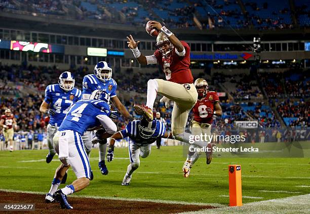 Quarterback Jameis Winston of the Florida State Seminoles scores a touchdown in the third quarter against the Duke Blue Devils during the ACC...