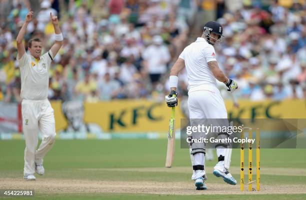 Kevin Pietersen of England is bowled by Peter Siddle of Australia during day four of the Second Ashes Test Match between Australia and England at...