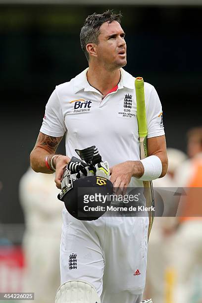 Kevin Pietersen of England leaves the field after getting out during day four of the Second Ashes Test Match between Australia and England at...