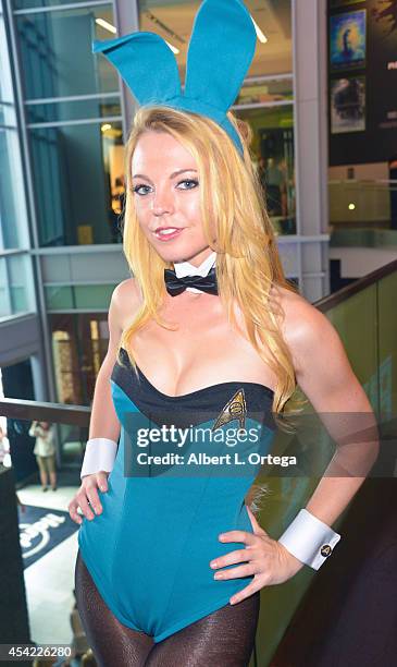 Cosplayer Jennifer Newman dressed as a Star Trek Bunny posing for photos at the Hard Rock Hotel on Friday Day 2 of Comic-Con International 2014 on...