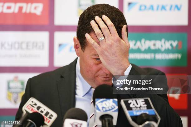 Jason King of the Sea Eagles announces his retirement during a Manly Sea Eagles NRL media announcement at the Sydney Academy of Sport on August 27,...