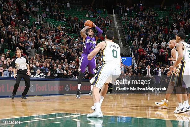 Ben McLemore of the Sacramento Kings hits the 3-point shot against the Utah Jazz to send the game into overtime at EnergySolutions Arena on December...