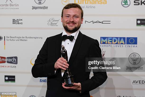 Tom van Avermaet poses with his award for European Short Film at the European Film Awards 2013 on December 7, 2013 in Berlin, Germany.