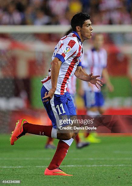 Raul Jimenez of Club Atletico de Madrid in action during the Supercopa, second leg match between Club Atletico de Madrid and Real Madrid at Vicente...