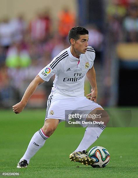 James Rodriguez of Real Madrid in action during the Supercopa, second leg match between Club Atletico de Madrid and Real Madrid at Vicente Caldron...
