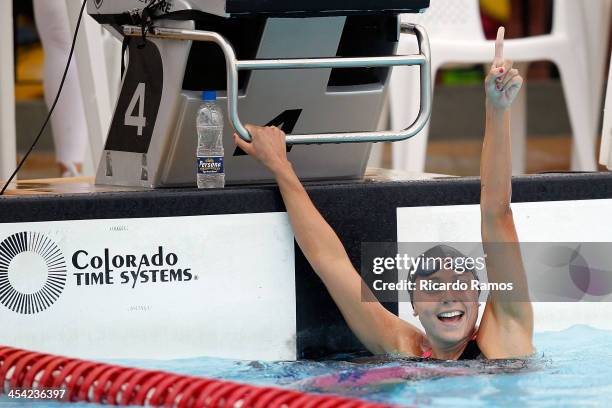 Gabriela Rocha celebrate her victory in girls 200m butterfly Junior 2 during Julio Delamare Trophy at Botafogo Aquatic Park on December 07, 2013 in...
