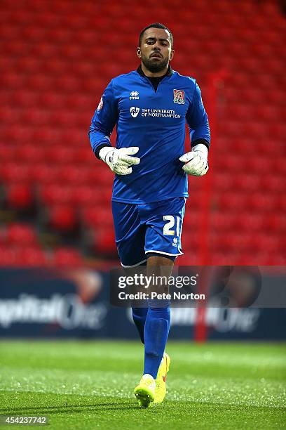 Jordan Archer of Northampton Town in action during the Capital One Cup Second Round match between AFC Bournemouth and Northampton Town at Goldsands...