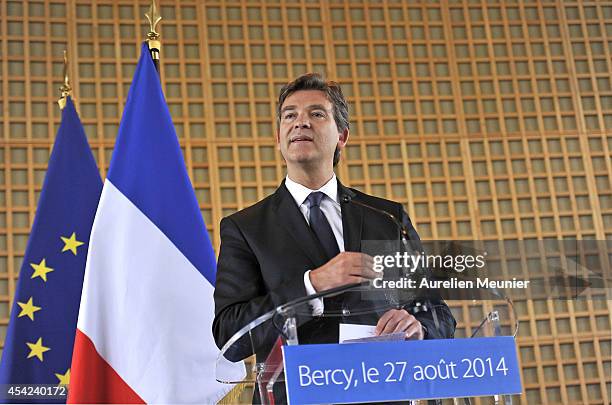 The former Minister of Finance, Arnaud Montebourg, attends at the inaugural speech of the new Minister of Finance, Emmanuel Macron at Ministere des...