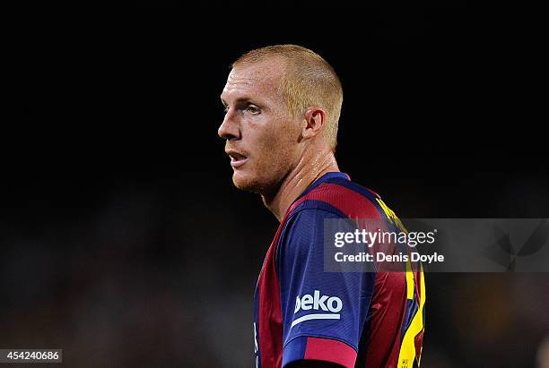 Jeremy Mathieu of FC Barcelona looks on during the La Liga match between FC Barcelona and Elche FC at Camp Nou stadium on August 24, 2014 in...