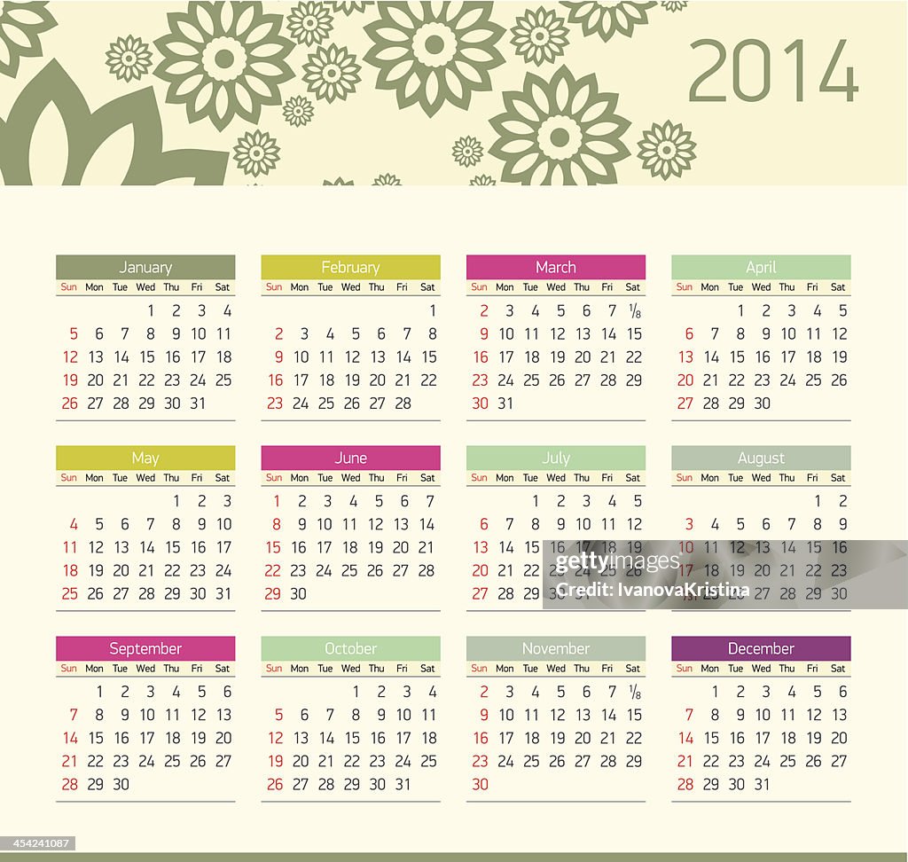 Vector monthly calendar for 2014