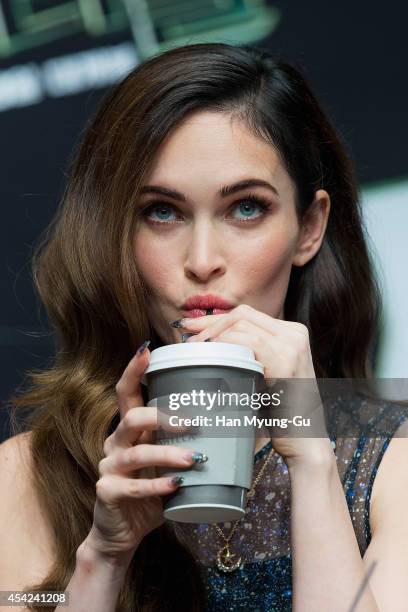 Actress Megan Fox attends the press conference for South Korean premiere of "Teenage Mutant Ninja Turtles" at Shilla Hotel on August 27, 2014 in...