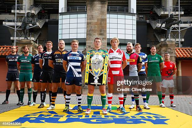 Captain Alistair Hargreaves of Saracens, Captain Geoff Parling of Leicester Tigers, Captain Will Welch of Newcastle Falcons, Captain Dean Mumm of...