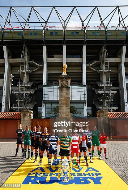 Captain Alistair Hargreaves of Saracens, Captain Geoff Parling of Leicester Tigers, Captain Will Welch of Newcastle Falcons, Captain Dean Mumm of...