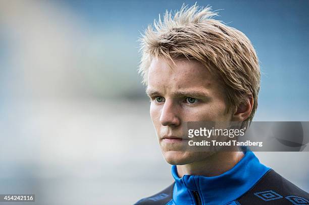 Martin Odegaard of Norway during a training session at the Viking Stadion on August 26, 2014 in Stavanger, Norway. The 15 year old is set to become...