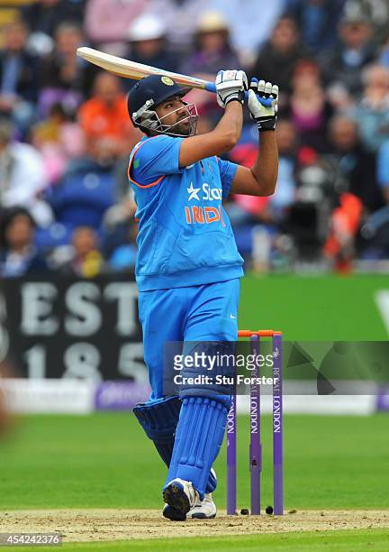 India batsman Rohit Sharma pulls a ball for six runs during the 2nd Royal London One Day International match between England and India at SWALEC...
