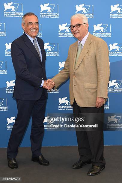 President of the Festival Paolo Baratta and director of the Venice Film Festival Alberto Barbera attends the Opening Photocall during the 71st Venice...